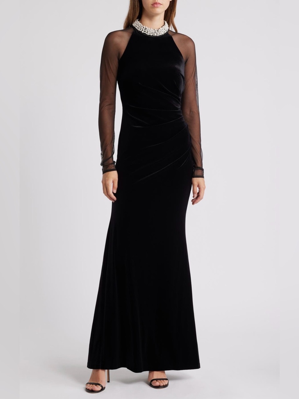Eliza J Embellished Ruched Long Sleeve Velvet Gown Formal Dress Size 8 Black